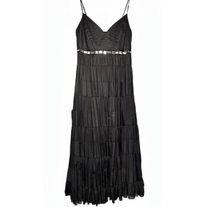 Black Sleeveless Cotton Maxi Dress Sz 12 Tiered Side Zip Mirror Details